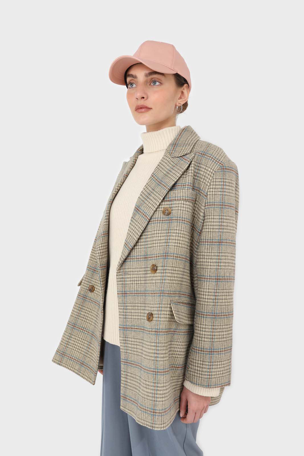 Beige and khaki checked oversized wool blazer_4
