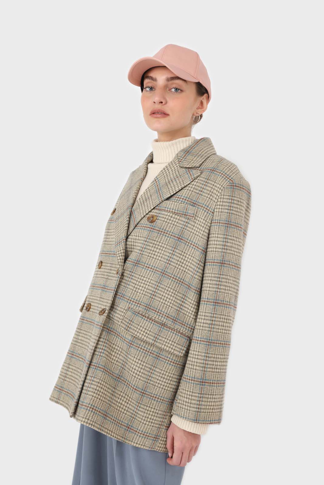 Beige and khaki checked oversized wool blazer_6