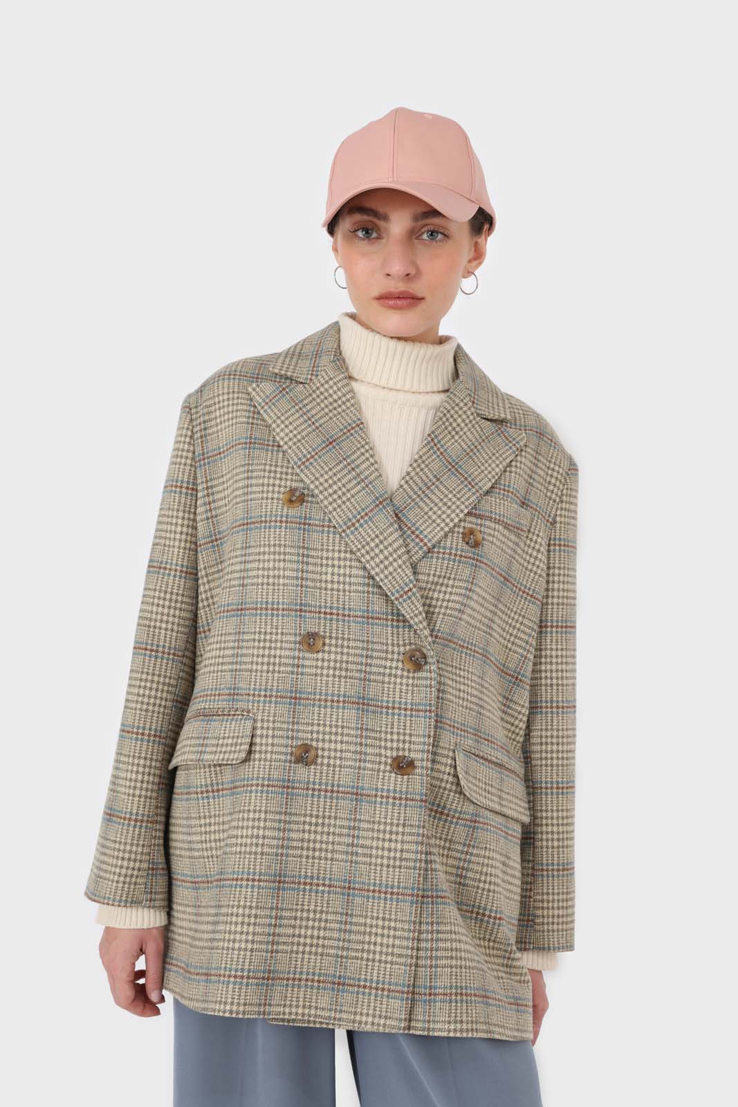 Beige and khaki checked oversized wool blazer_7