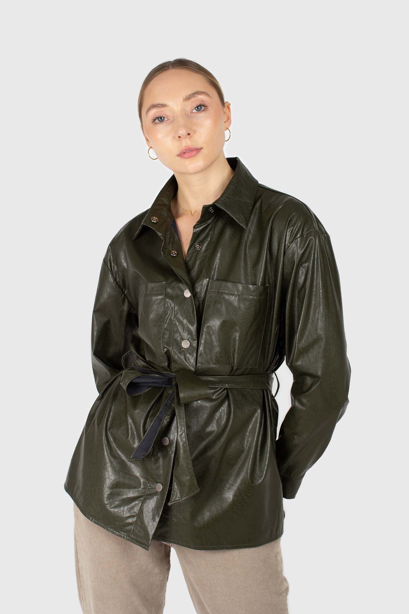 Khaki high shine glossy belted shirt_1