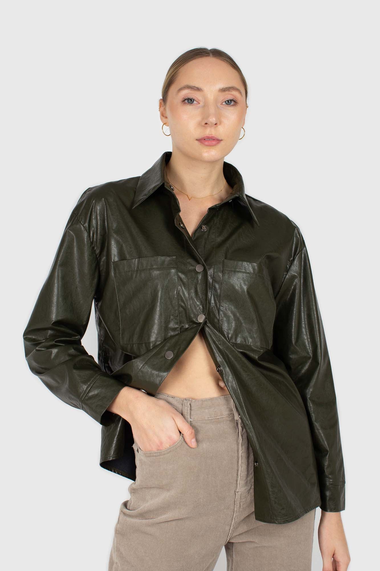 Khaki high shine glossy belted shirt_6