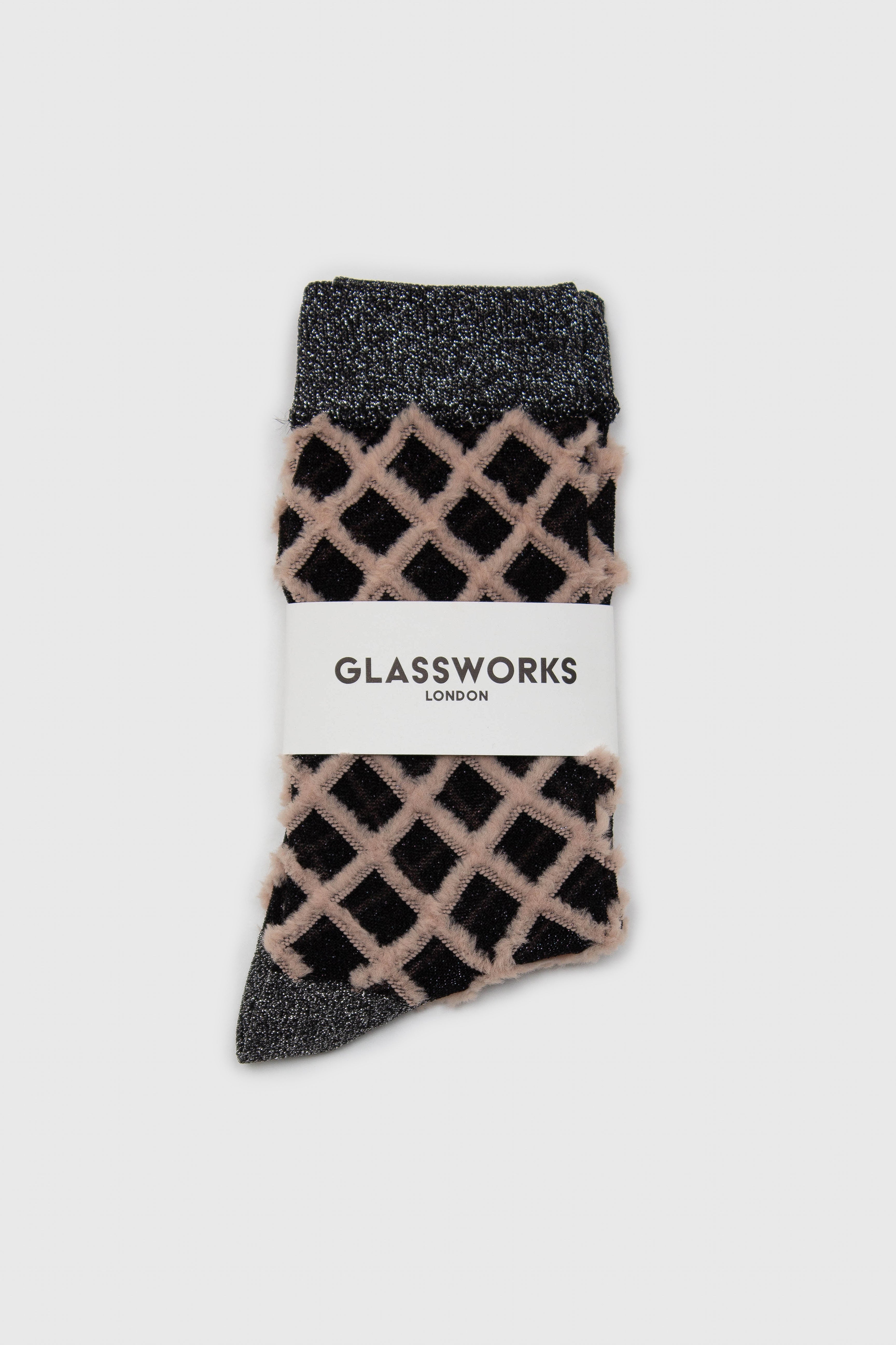 Beige fuzzy diamond metallic socks_3