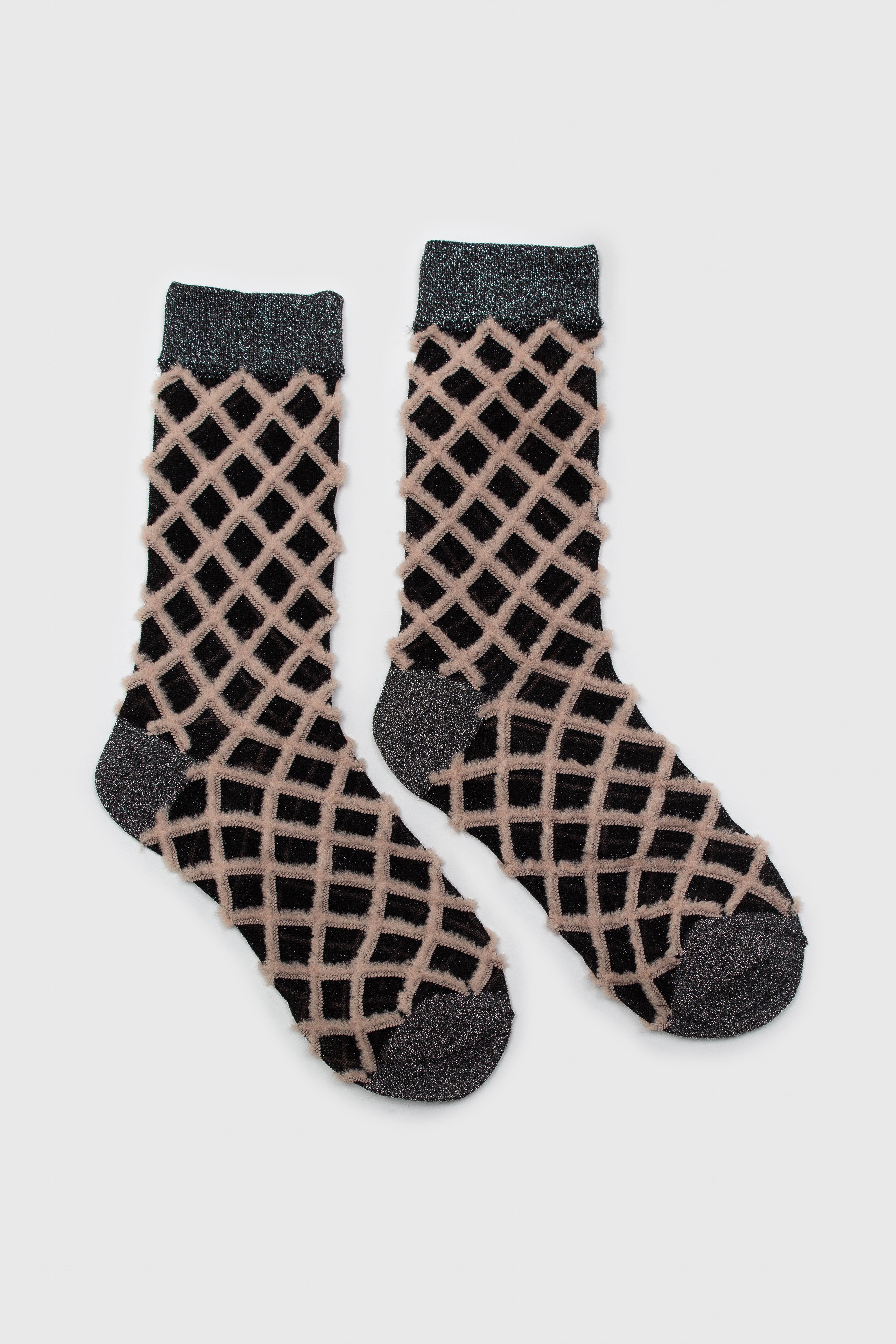 Beige fuzzy diamond metallic socks_4