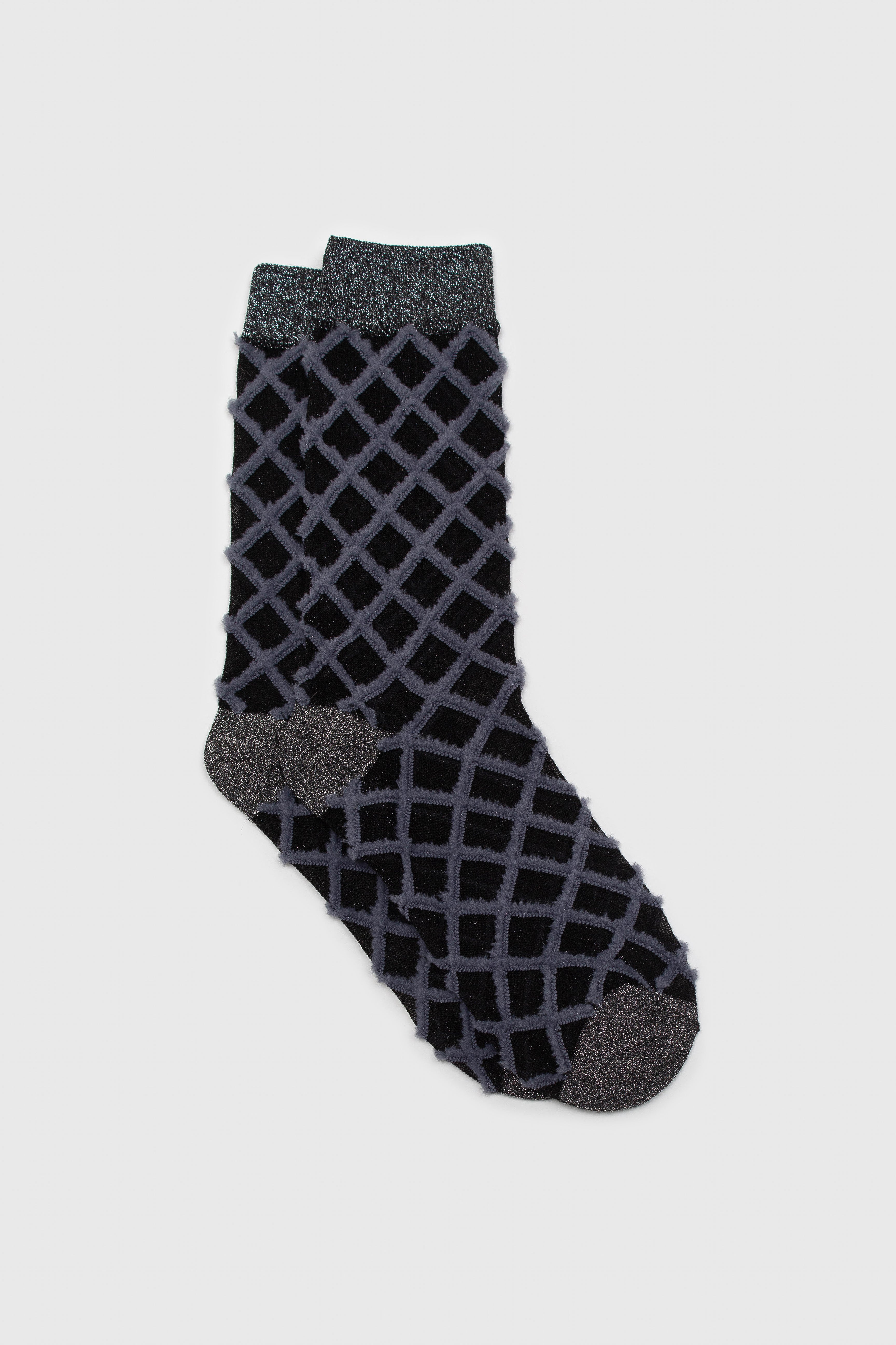 Grey fuzzy diamond metallic socks_1