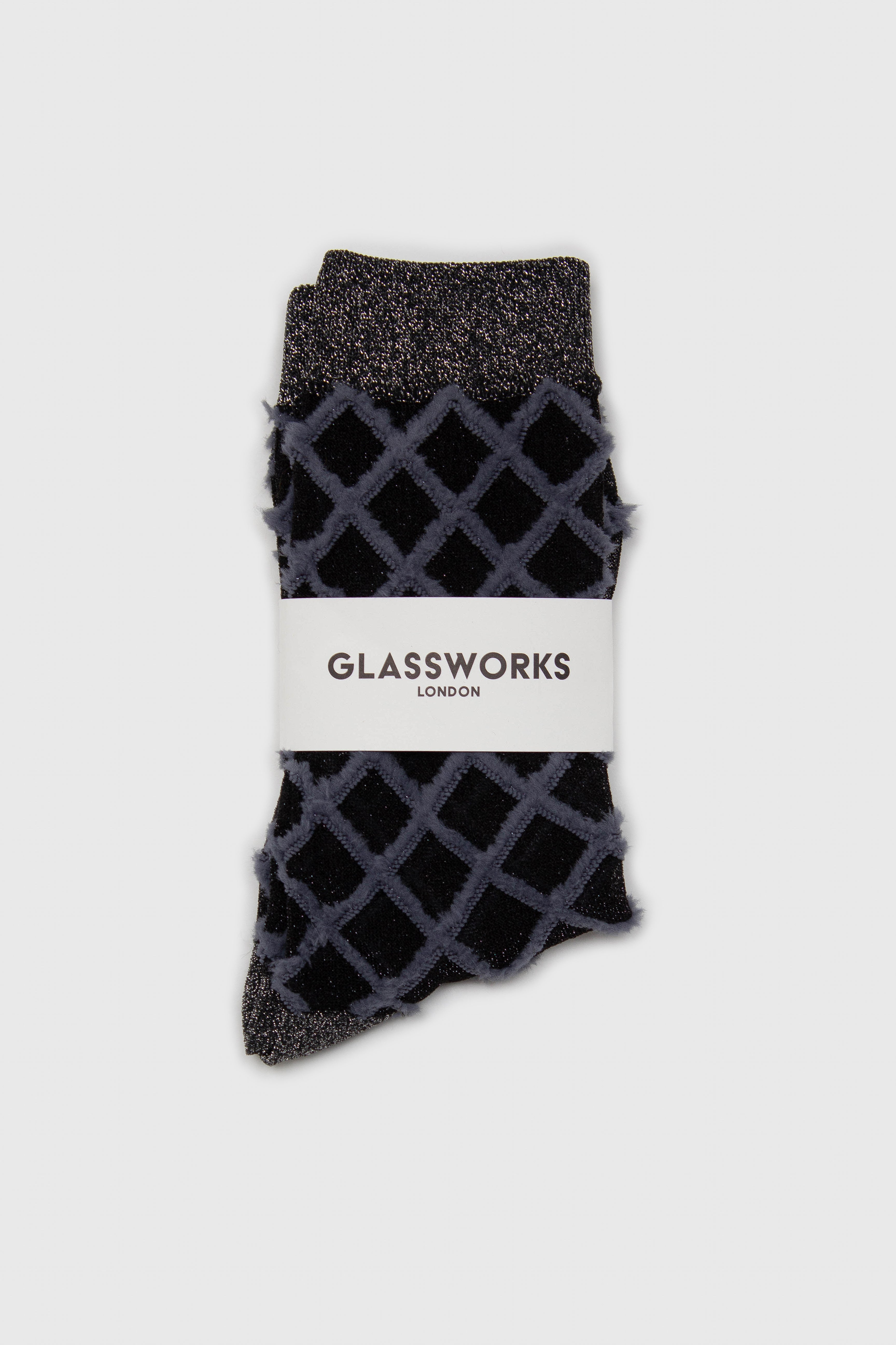 Grey fuzzy diamond metallic socks_3