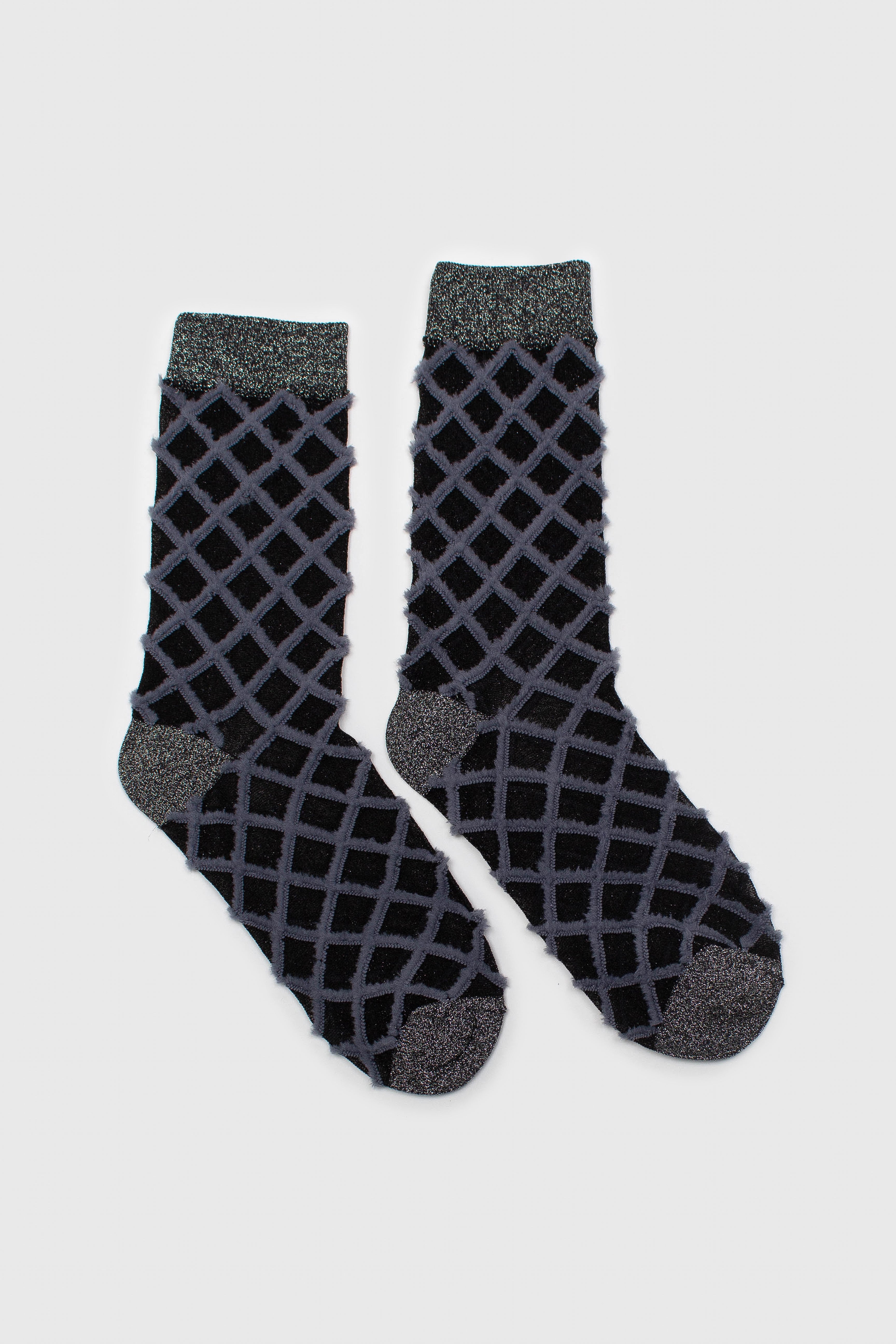 Grey fuzzy diamond metallic socks_4