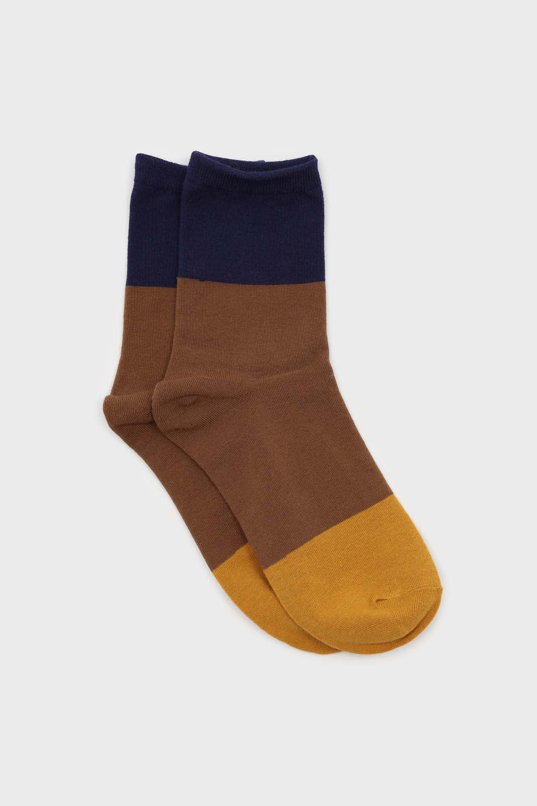 Camel and blue triple colorblock socks_1