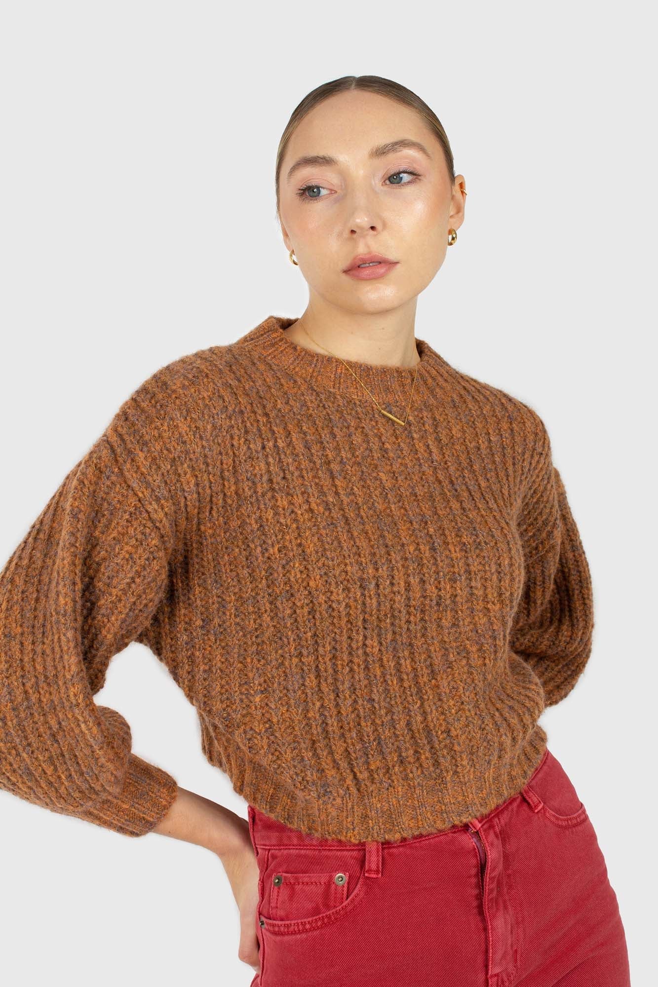 Brown flecked chunky knit cropped jumper_1