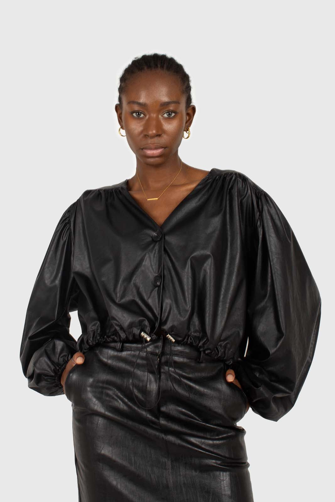 Black vegan leather v-neck puff sleeved blouse_3