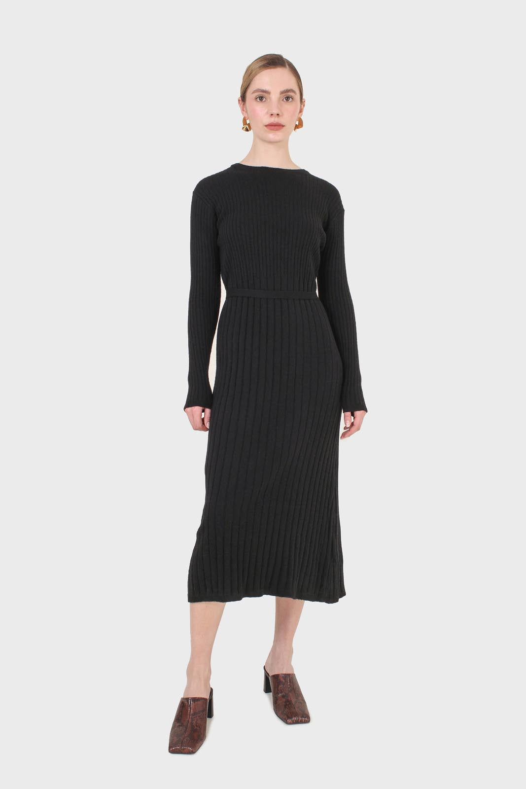 Black large ribbed wool blend midi dress_1