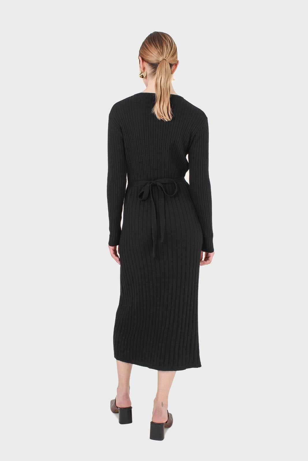 Black large ribbed wool blend midi dress_2