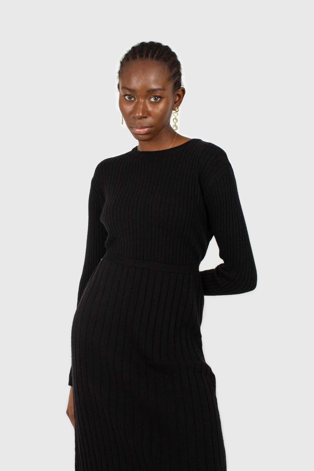 Black large ribbed wool blend midi dress_12