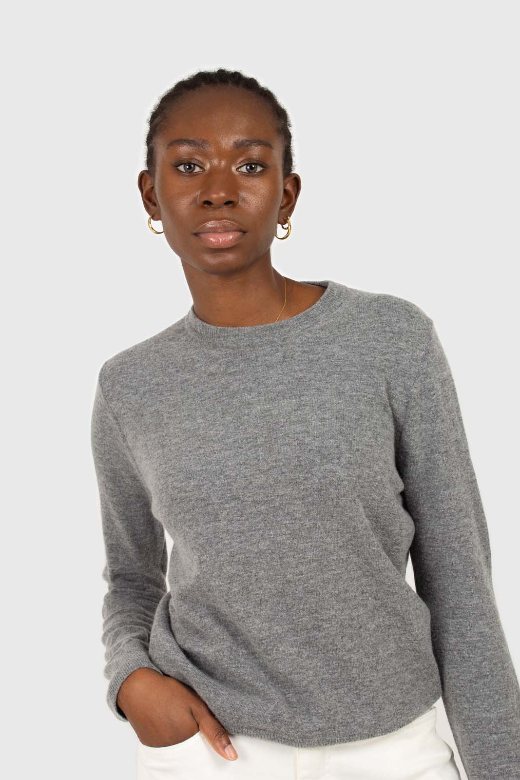 Grey cashmere blend crew neck knit top_1