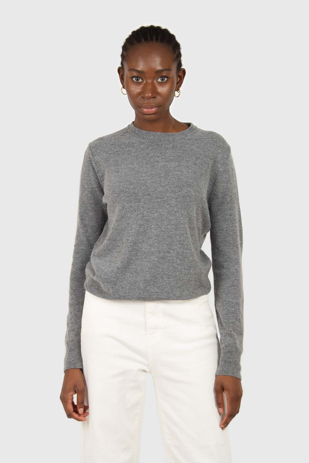 Grey cashmere blend crew neck knit top_3