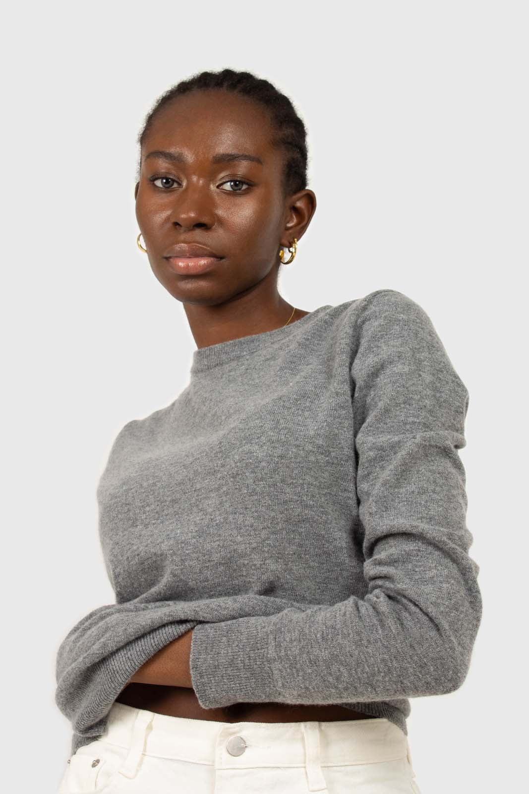 Grey cashmere blend crew neck knit top_5