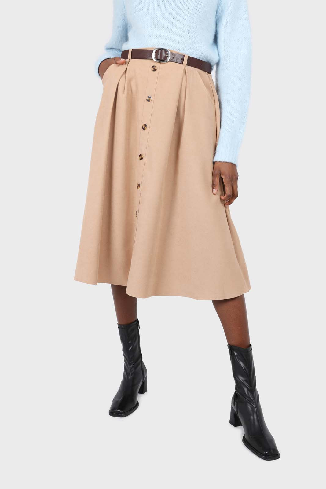Beige button front belted midi skirt_1