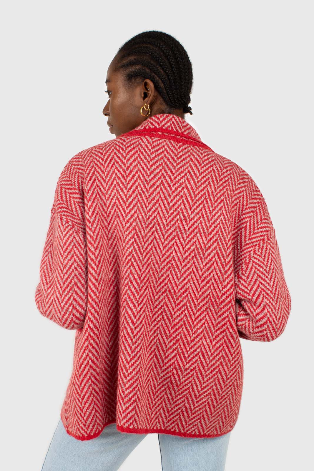 Red herringbone alpaca wool blend cardigan_3