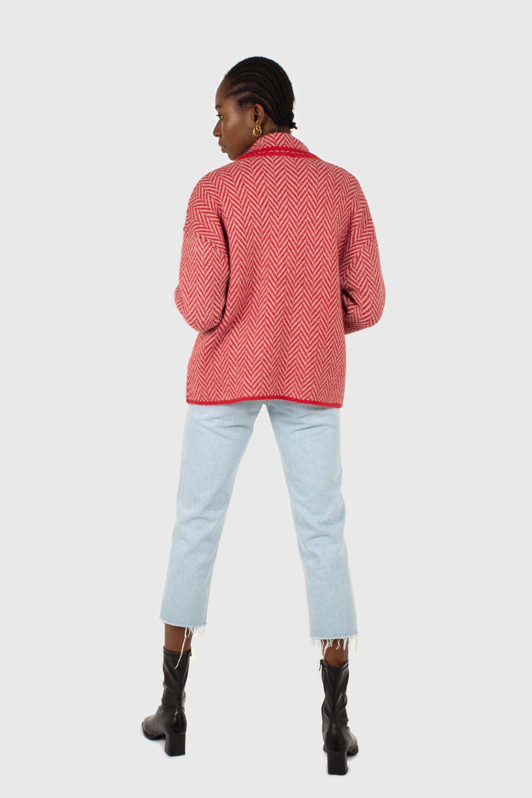 Red herringbone alpaca wool blend cardigan_4