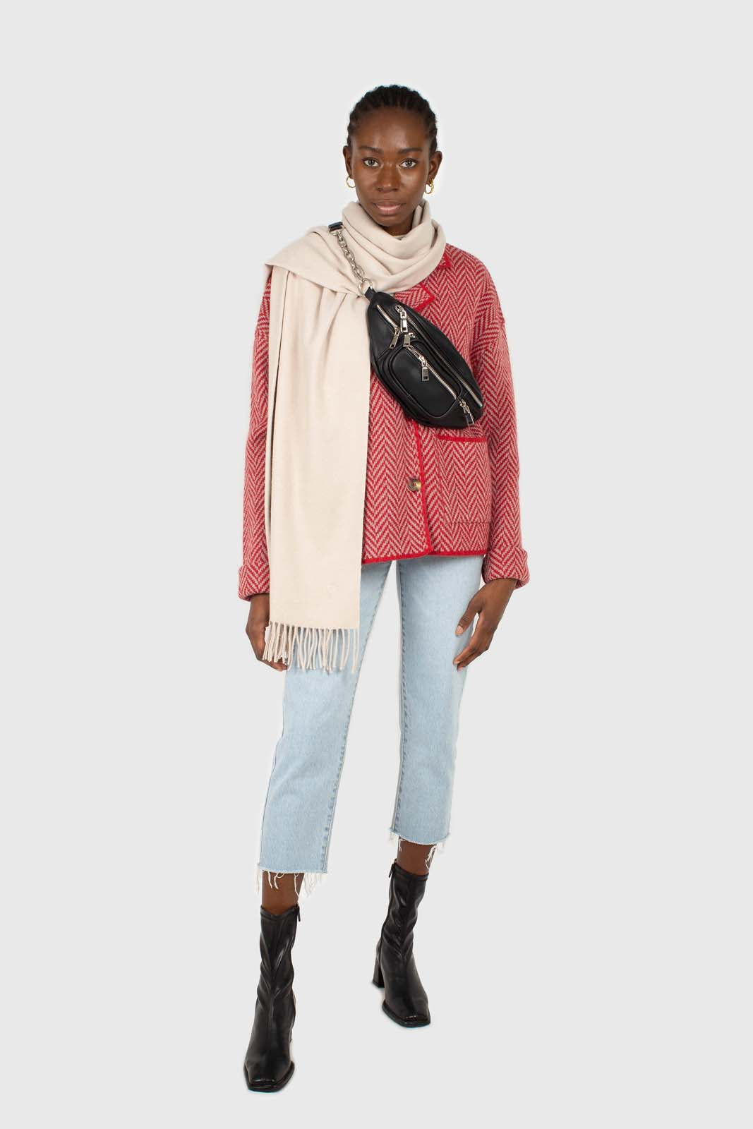 Red herringbone alpaca wool blend cardigan_5