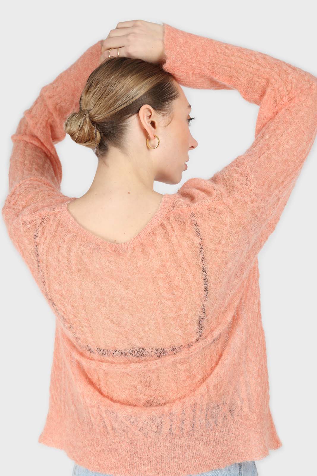 Pale orange sheer cableknit wool blend jumper_4