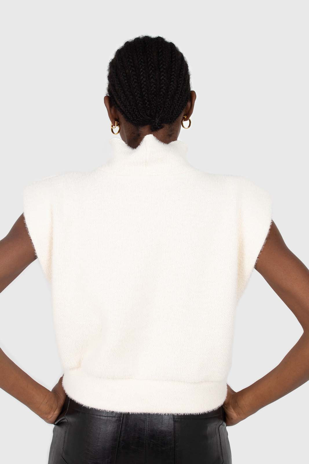 Ivory fuzzy structured shoulder pad vest top_3