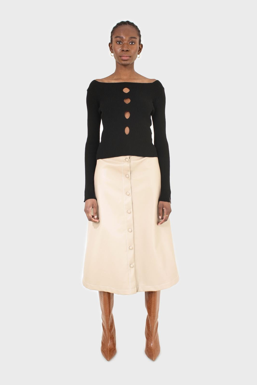 Black cascading hole square neck knit top_3