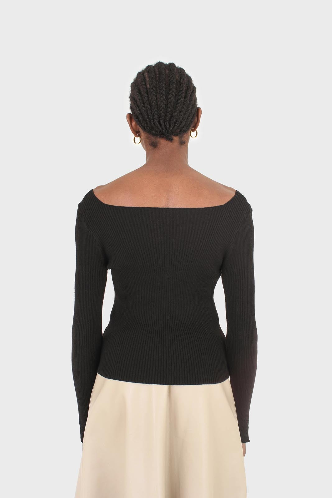 Black cascading hole square neck knit top_6