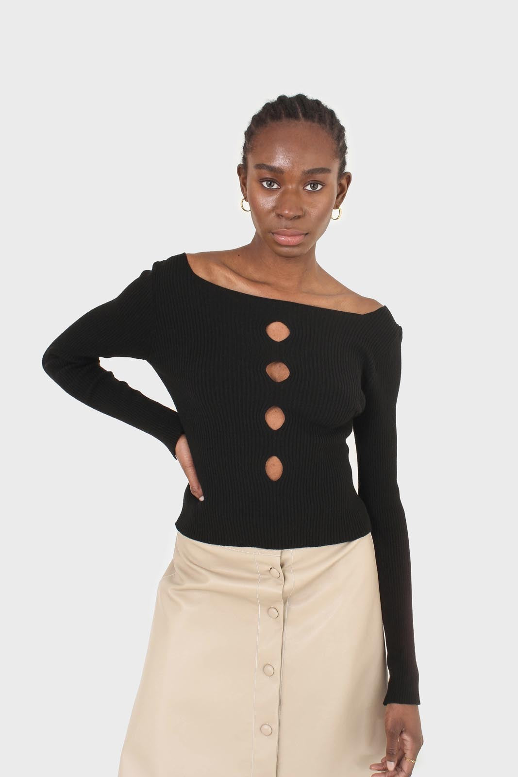Black cascading hole square neck knit top_1