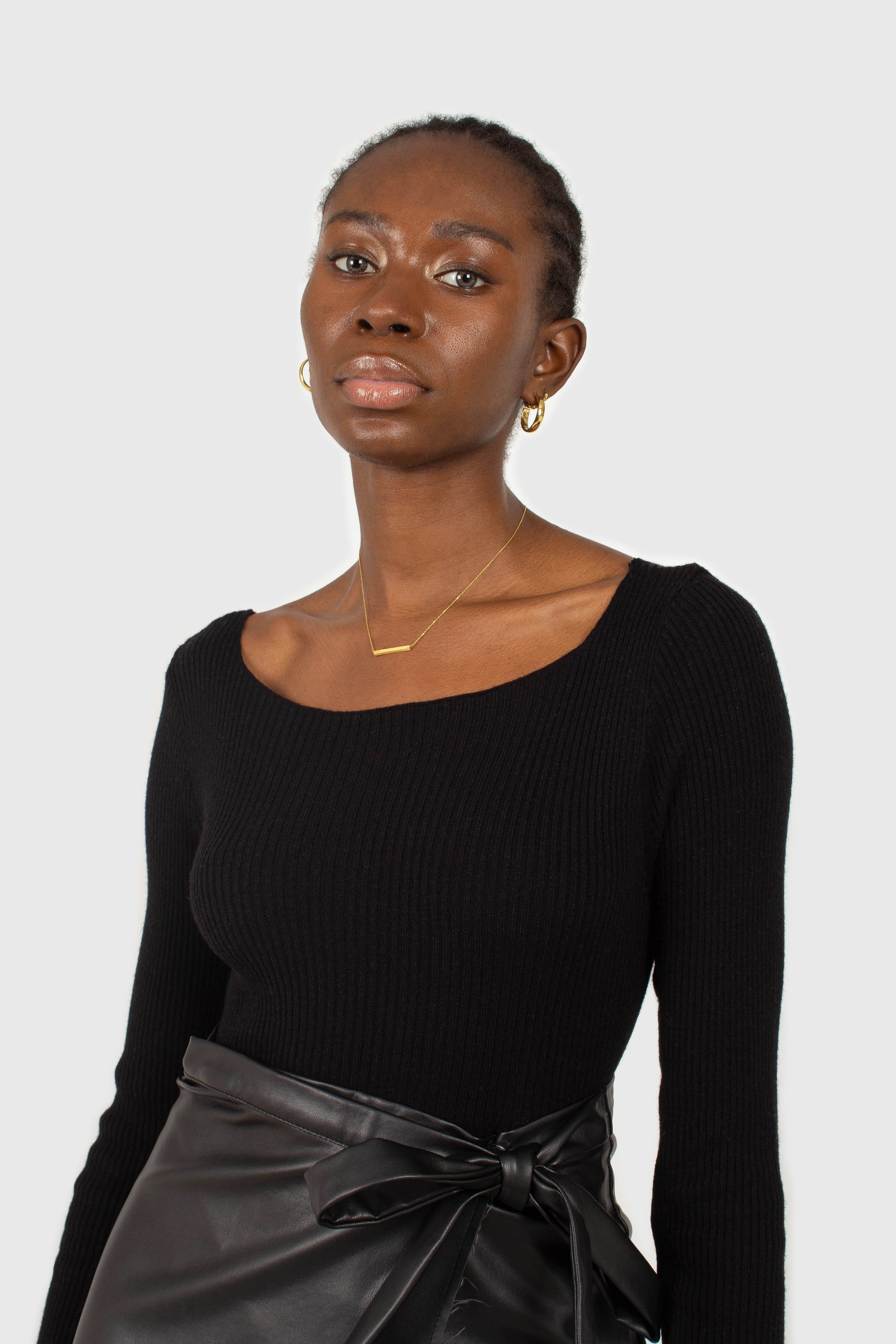 Black cascading hole square neck knit top_11