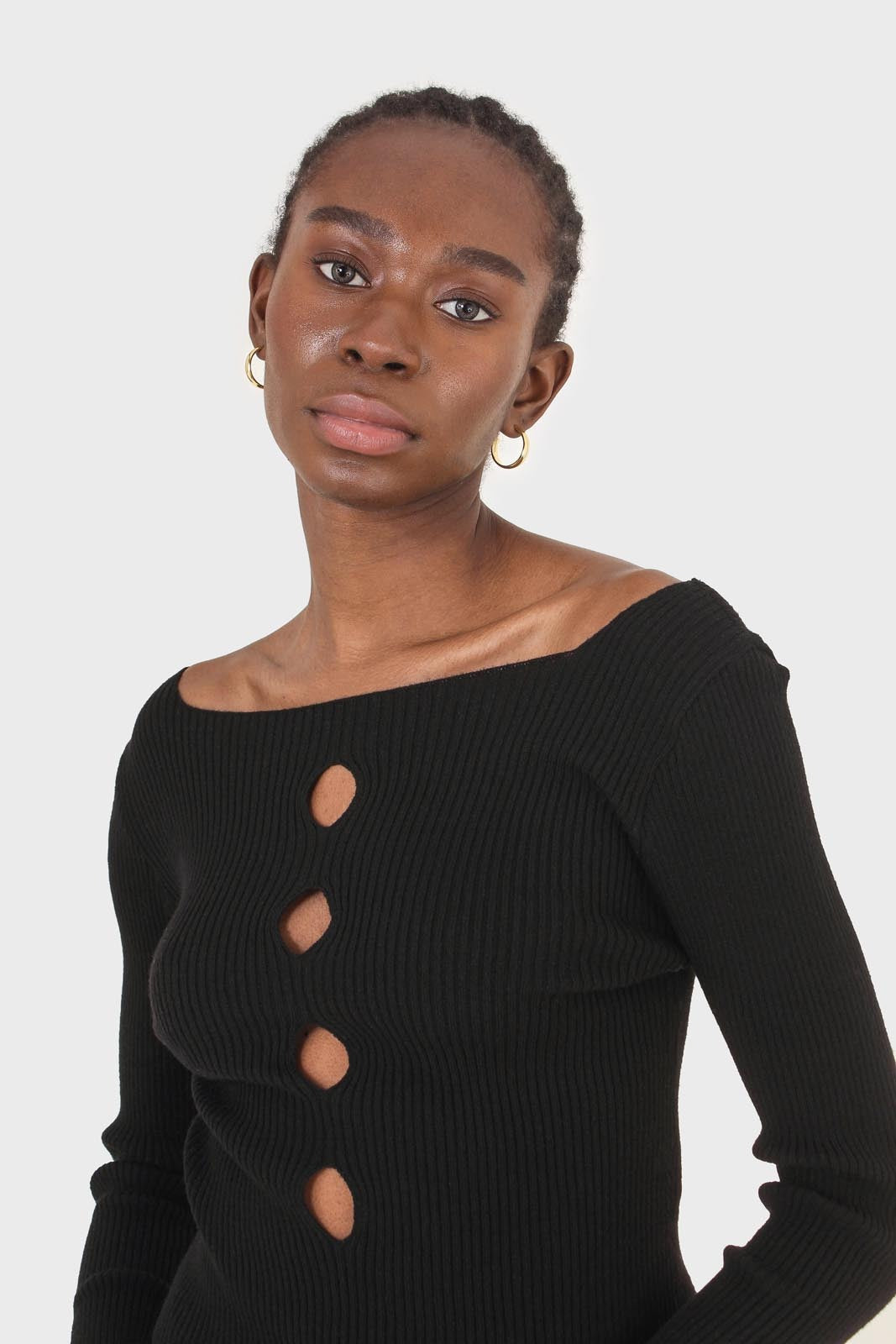 Black cascading hole square neck knit top_5