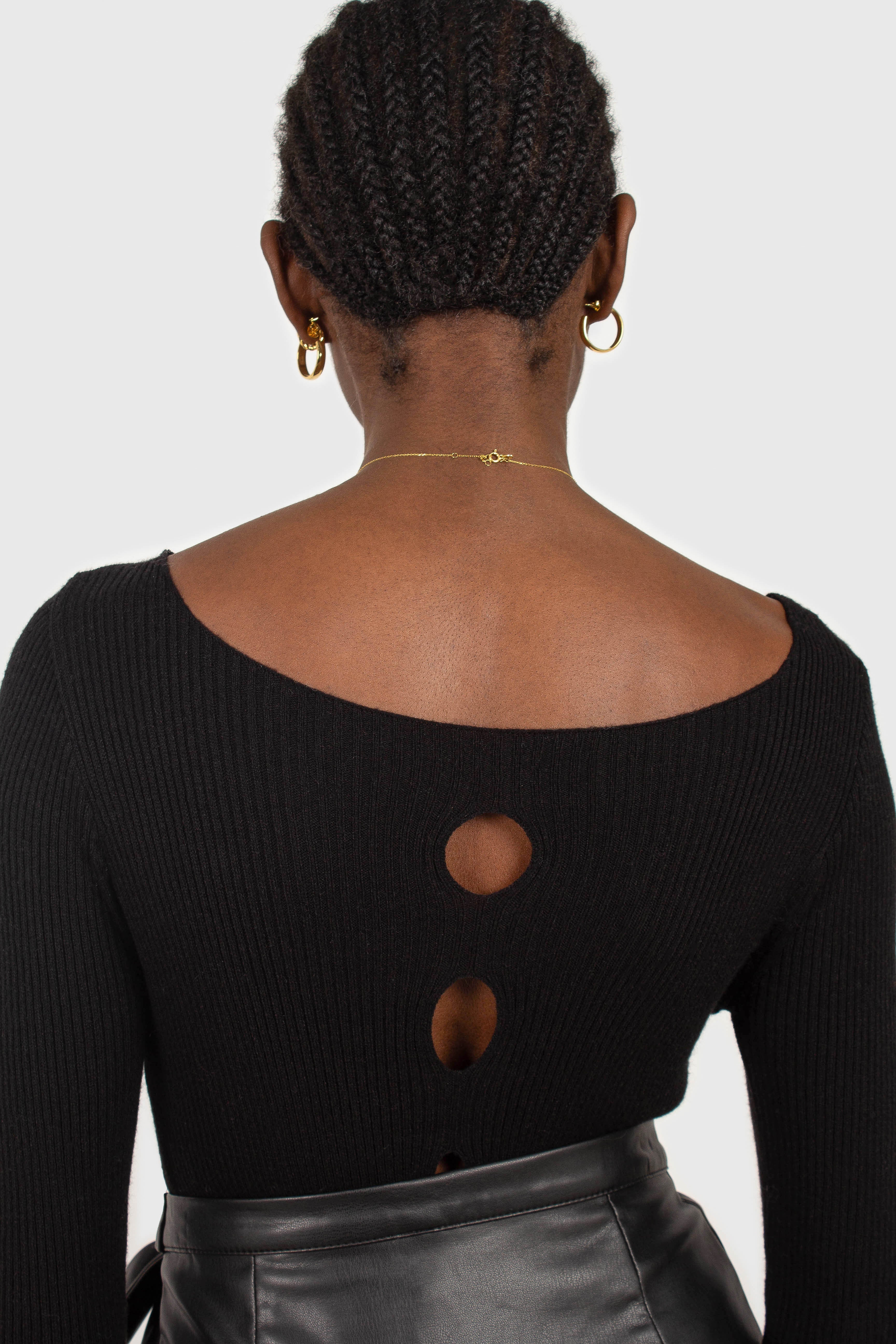 Black cascading hole square neck knit top_15