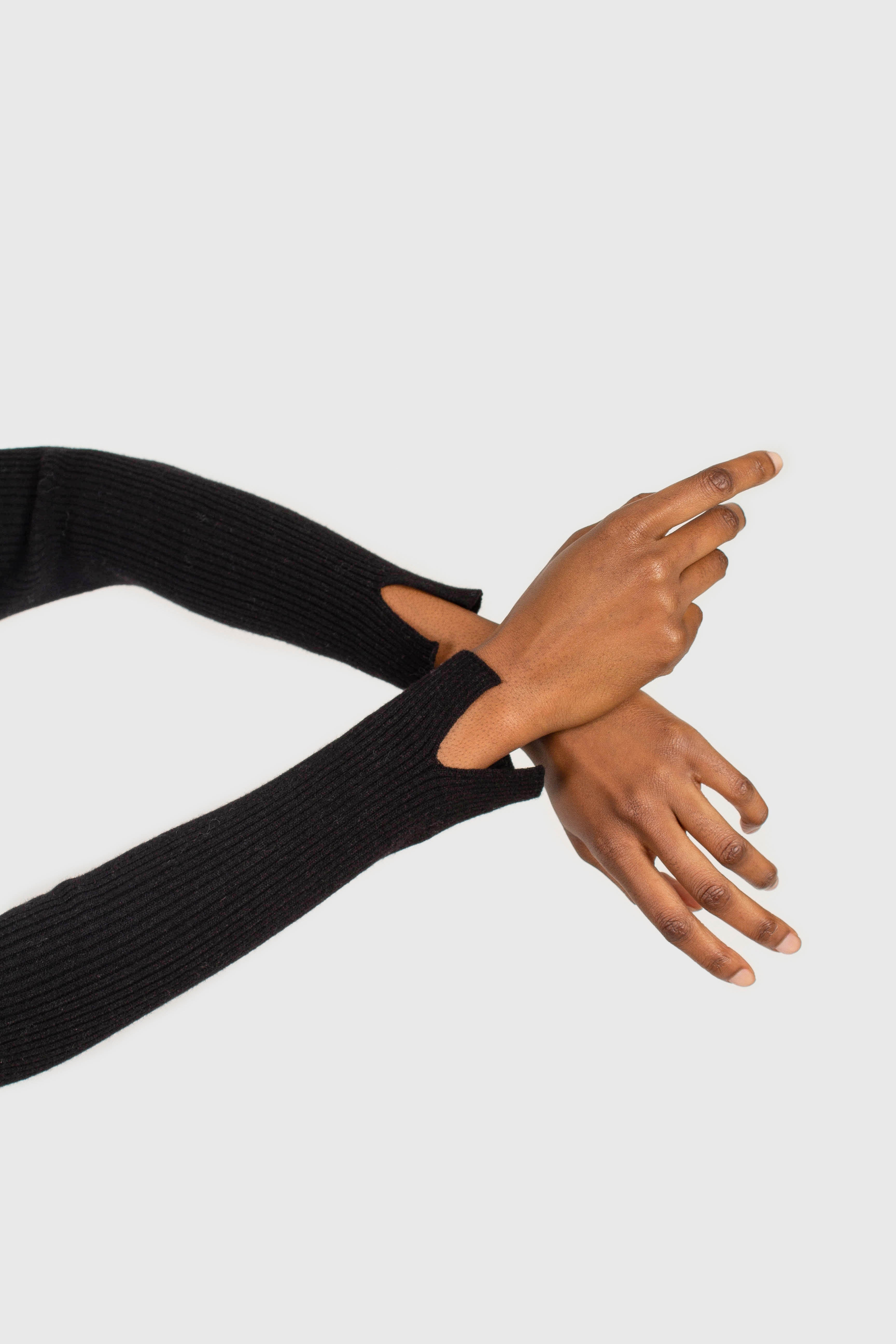 Black cascading hole square neck knit top_14