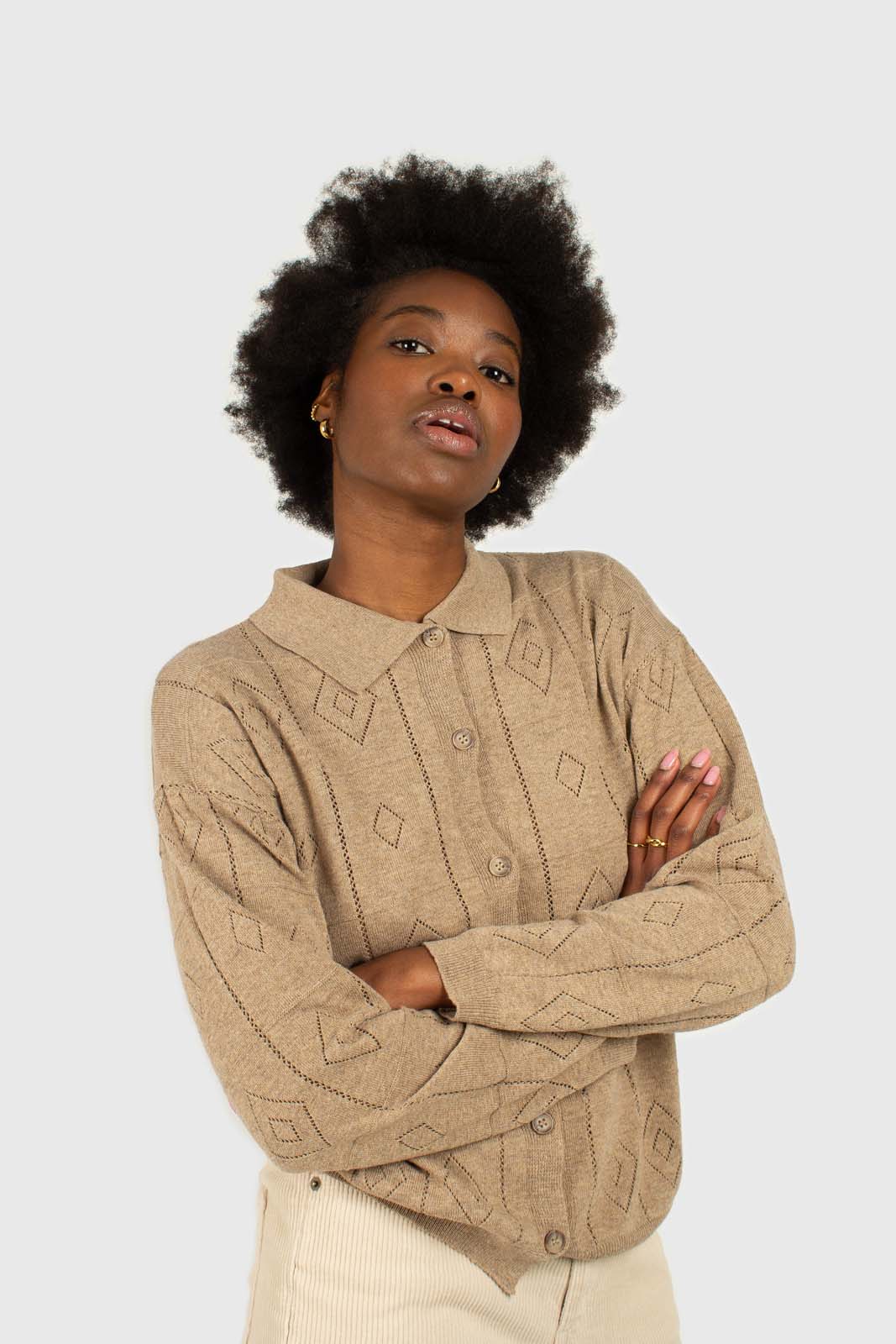 Beige patterned wool-blend knit polo top_1