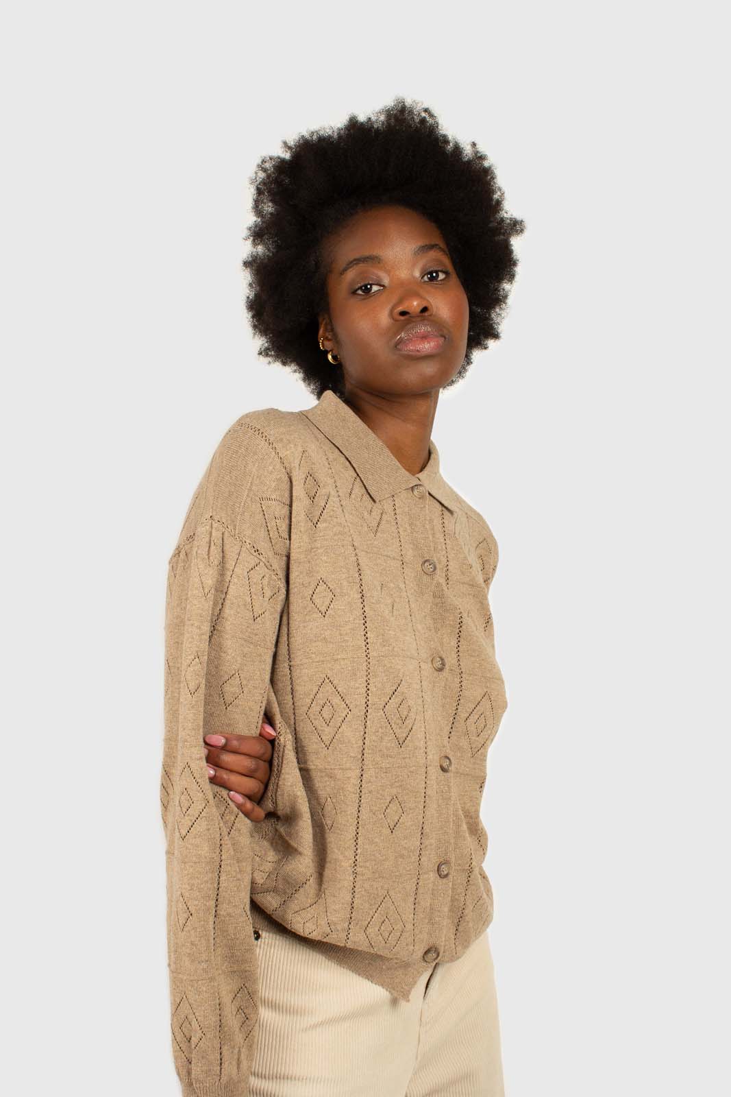 Beige patterned wool-blend knit polo top_4