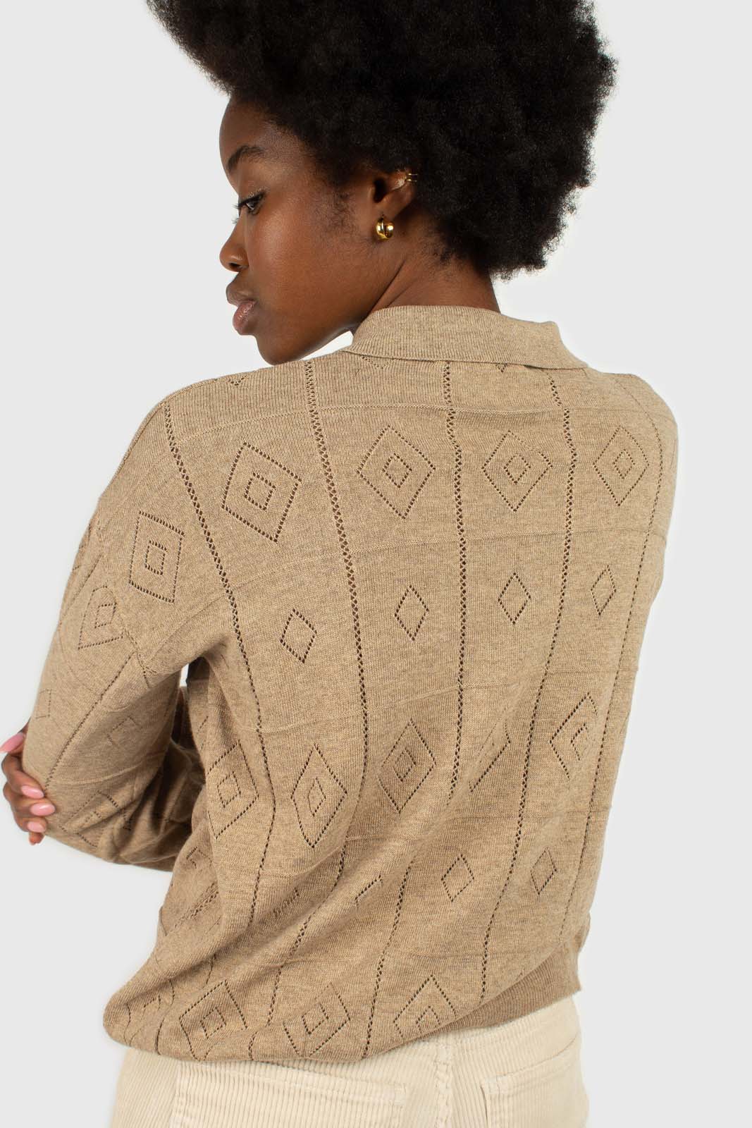 Beige patterned wool-blend knit polo top_3