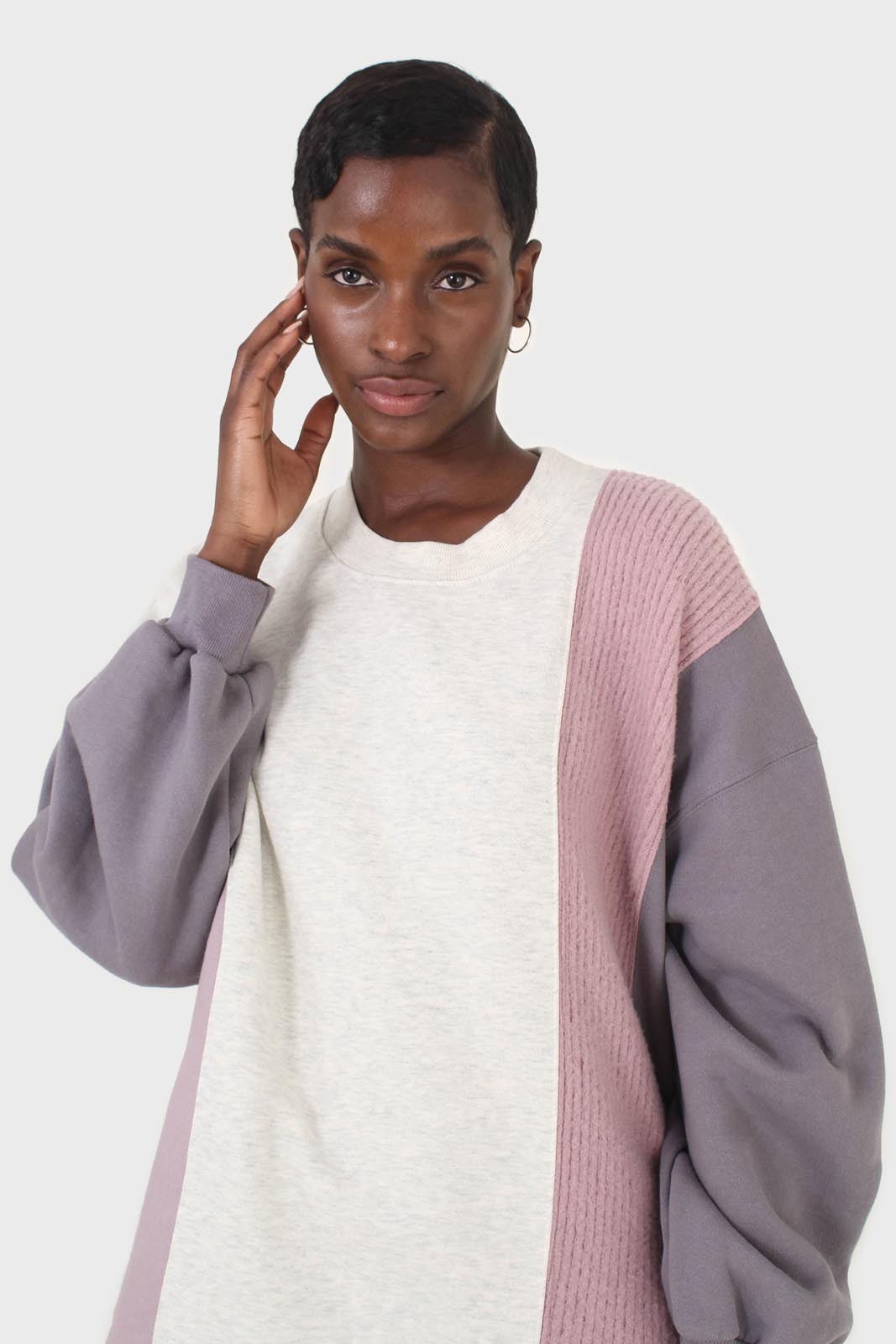 Grey and pink color block sweatshirt dress_4