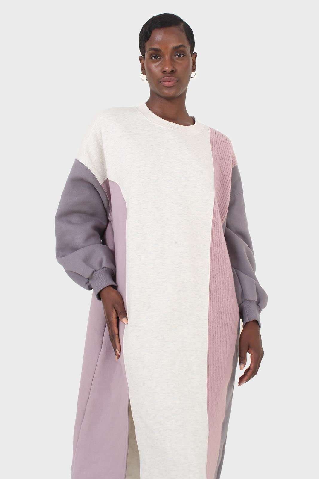 Grey and pink color block sweatshirt dress_5