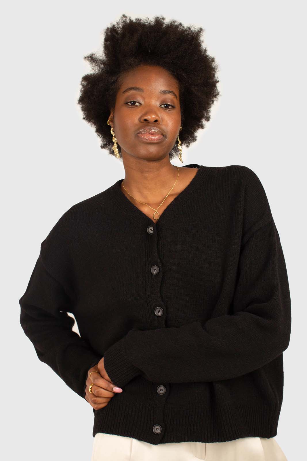 Black wool blend v-neck loose fit cardigan_9