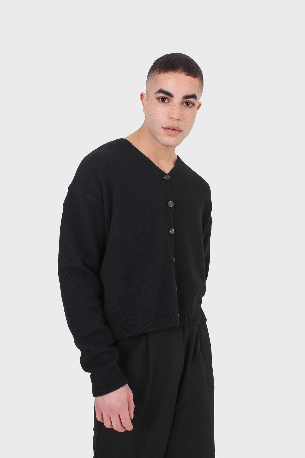 Black wool blend v-neck loose fit cardigan_1