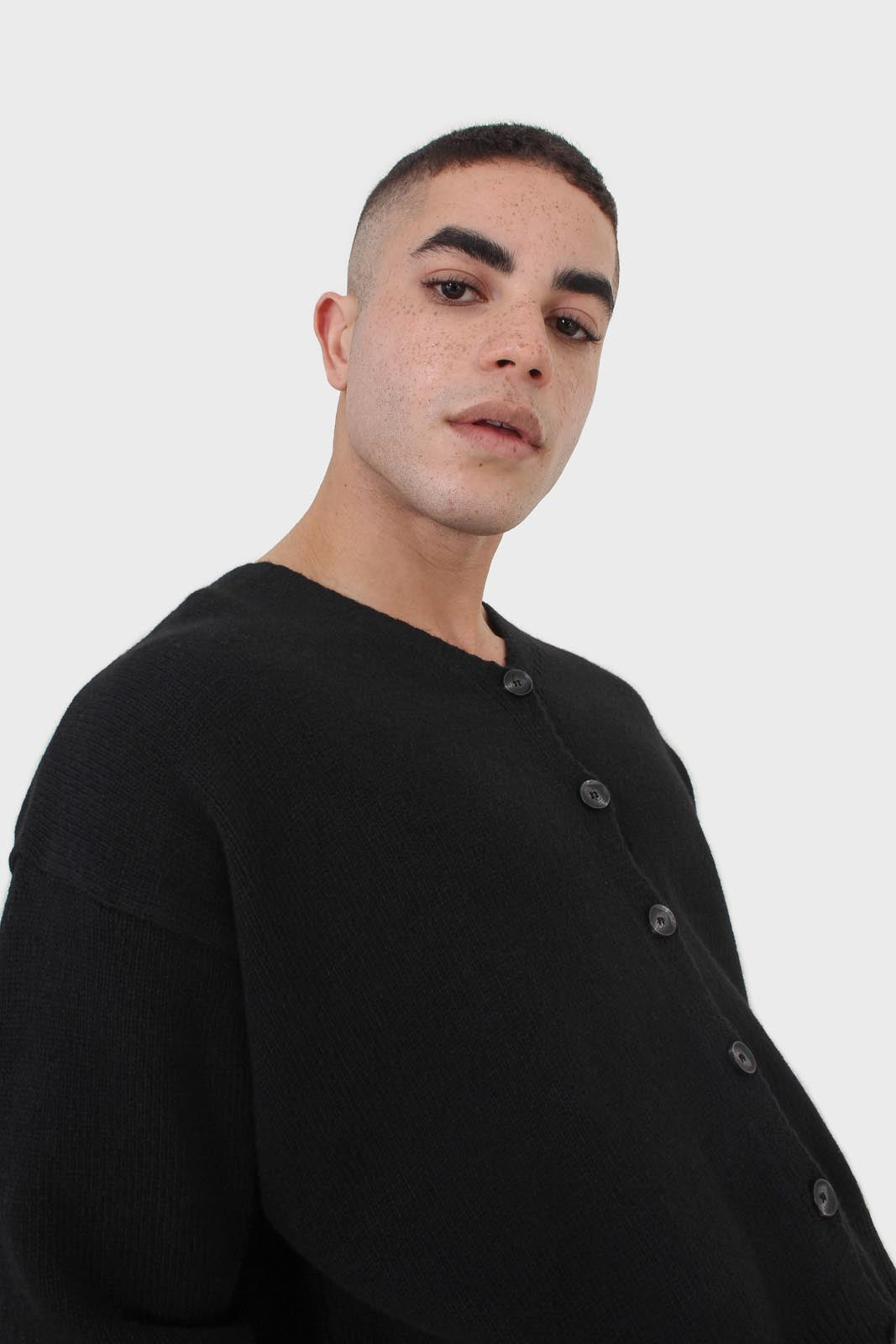 Black wool blend v-neck loose fit cardigan_7