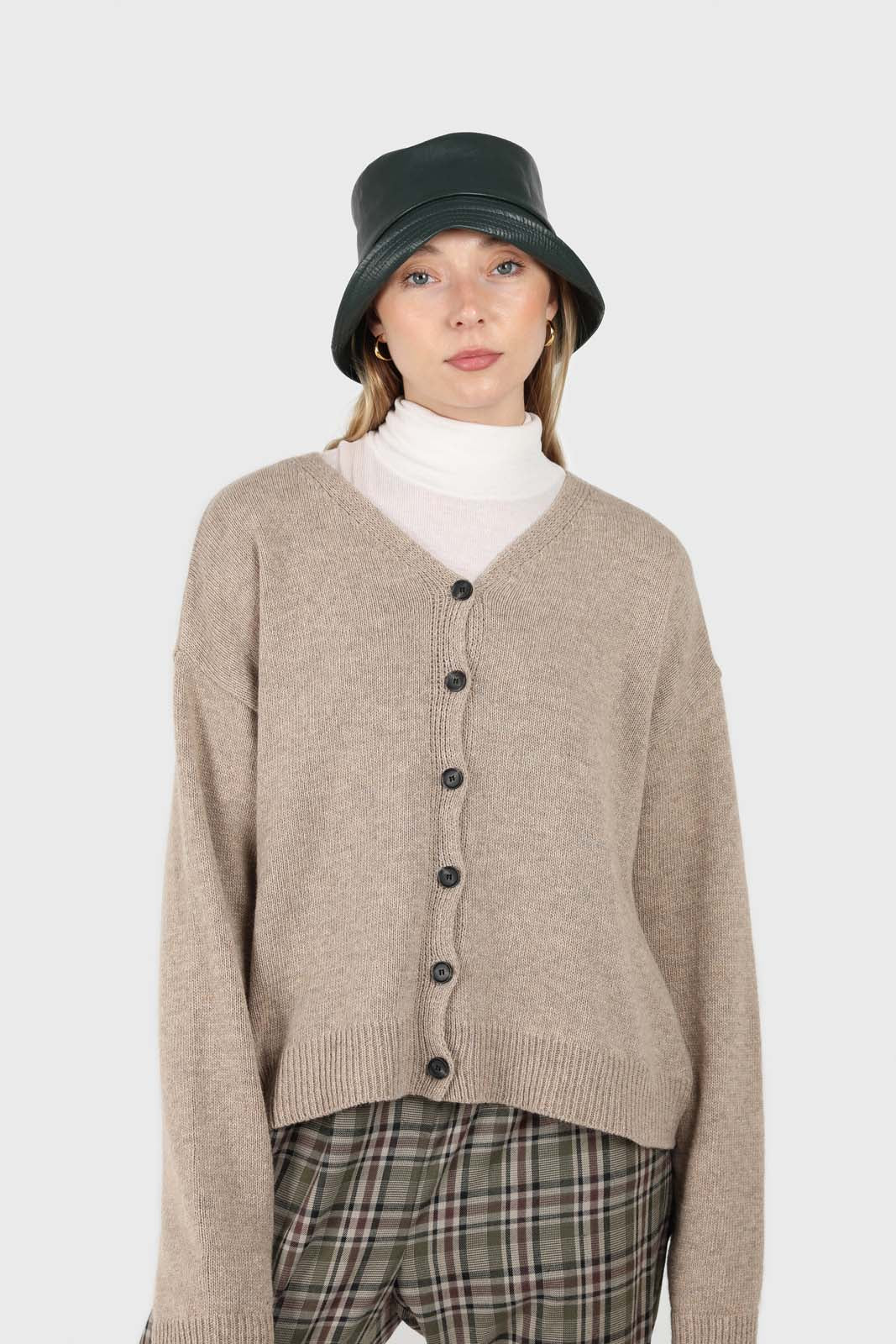 Light beige wool blend v-neck loose fit cardigan_1