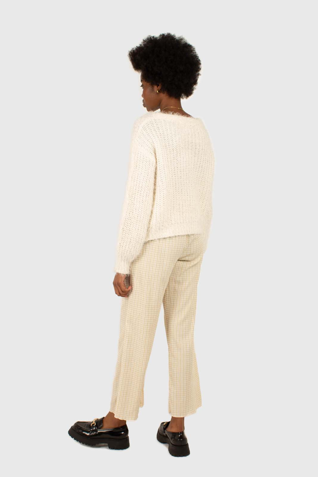 Beige gingham loose fit drawstring trousers_5