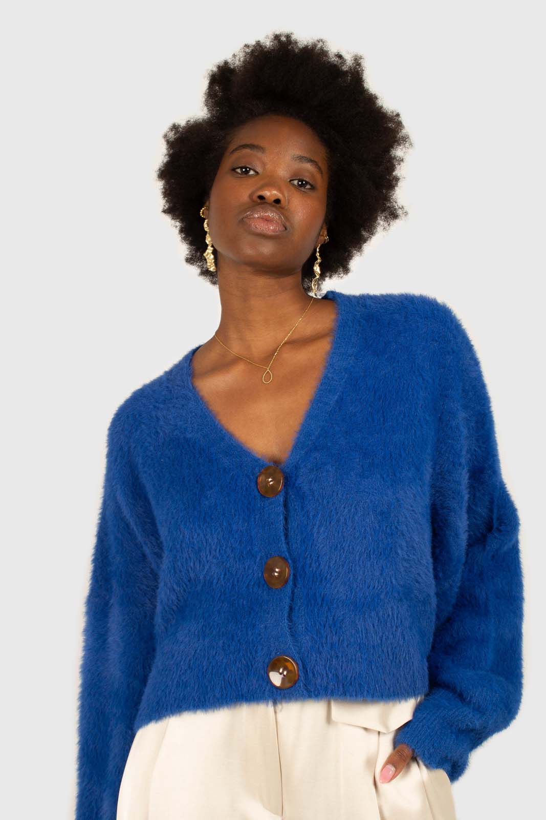 Bright blue fuzzy tortoise shell button cardigan_1