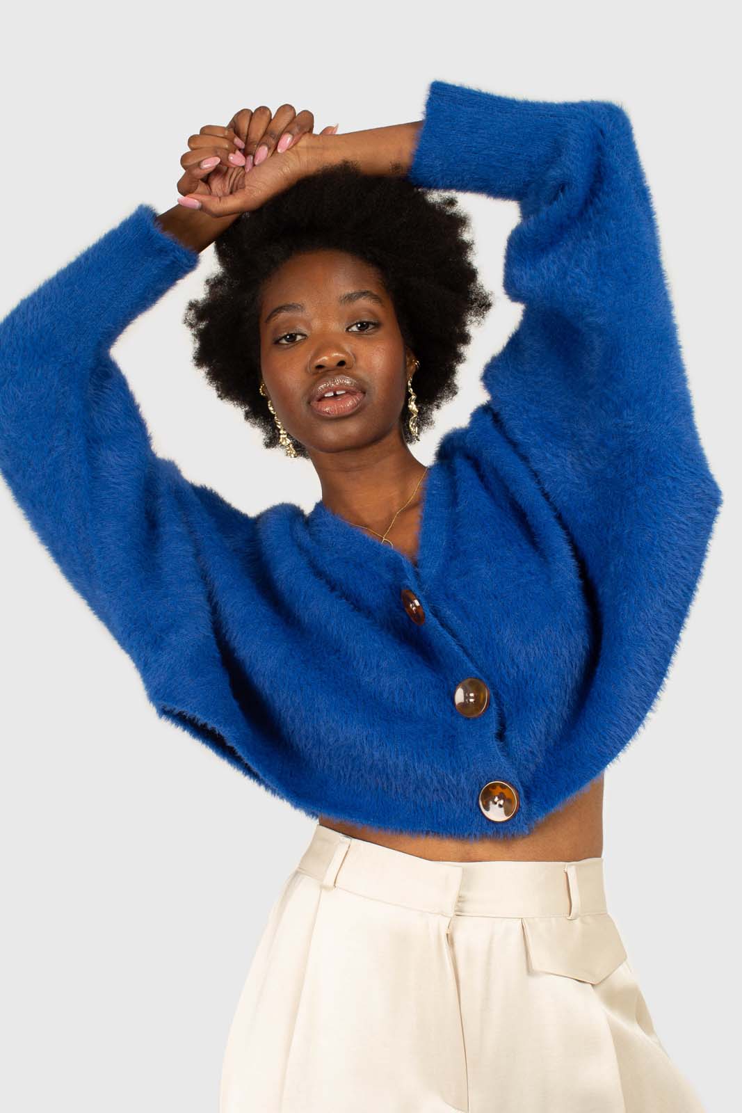 Bright blue fuzzy tortoise shell button cardigan_2