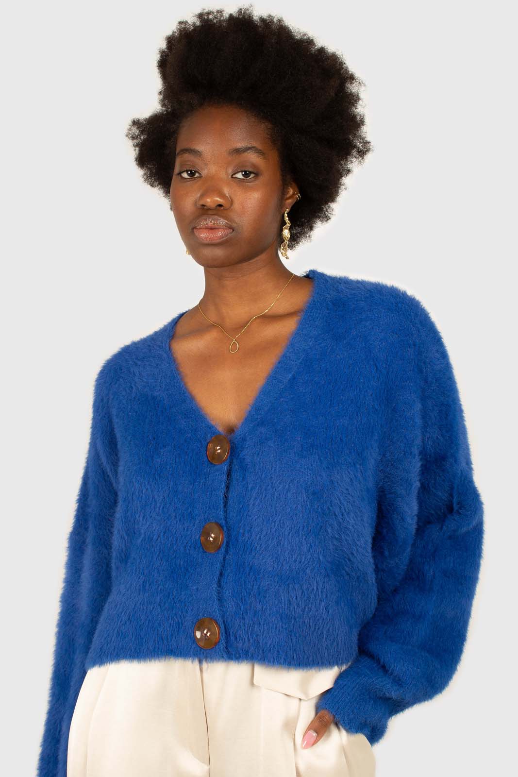 Bright blue fuzzy tortoise shell button cardigan_4