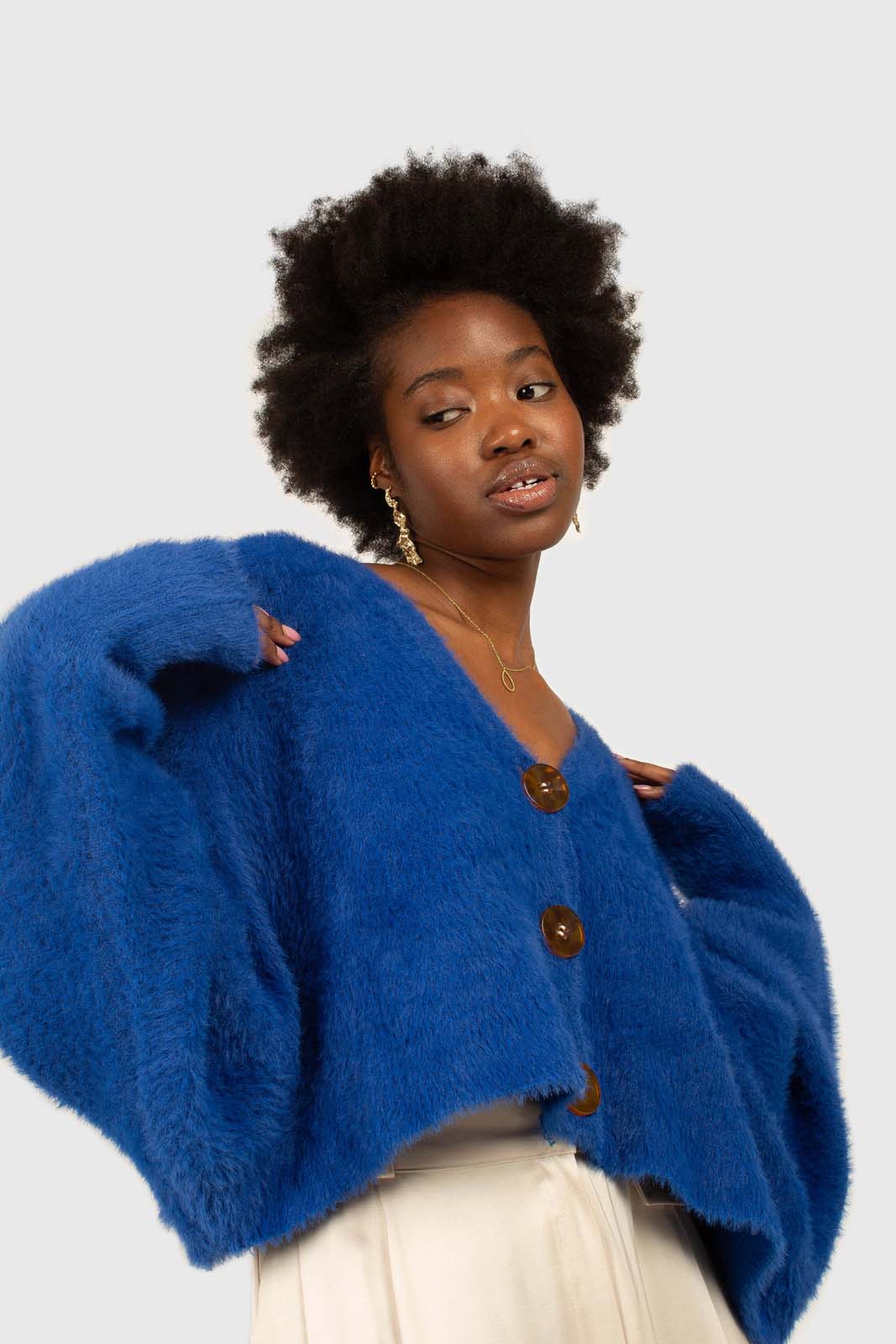 Bright blue fuzzy tortoise shell button cardigan_6
