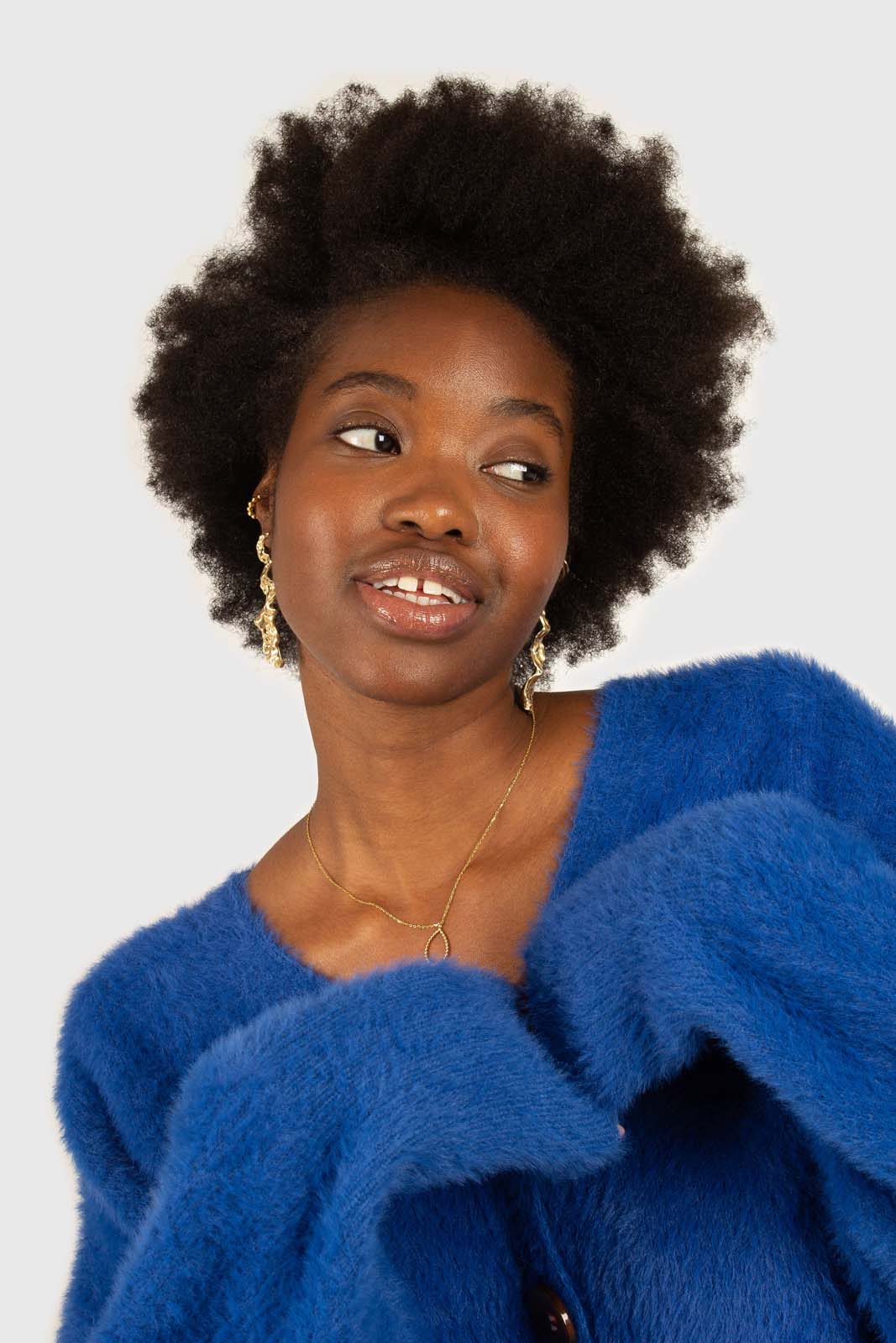 Bright blue fuzzy tortoise shell button cardigan_7