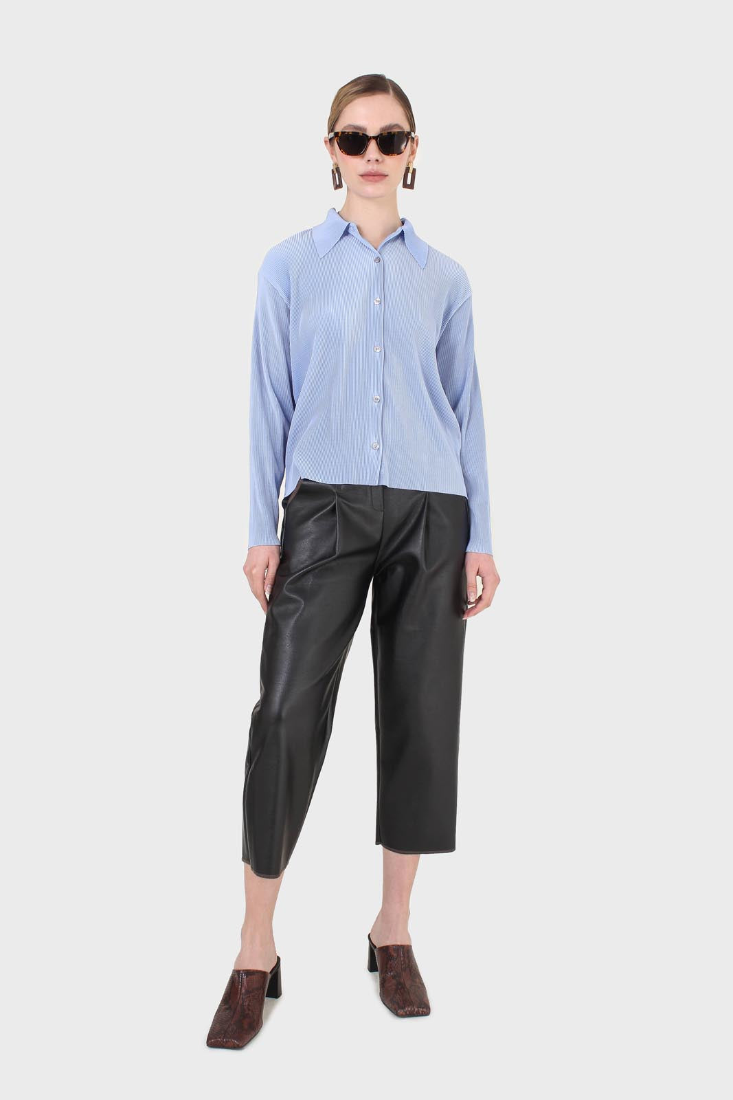 Black vegan leather contrast stitch trousers_3