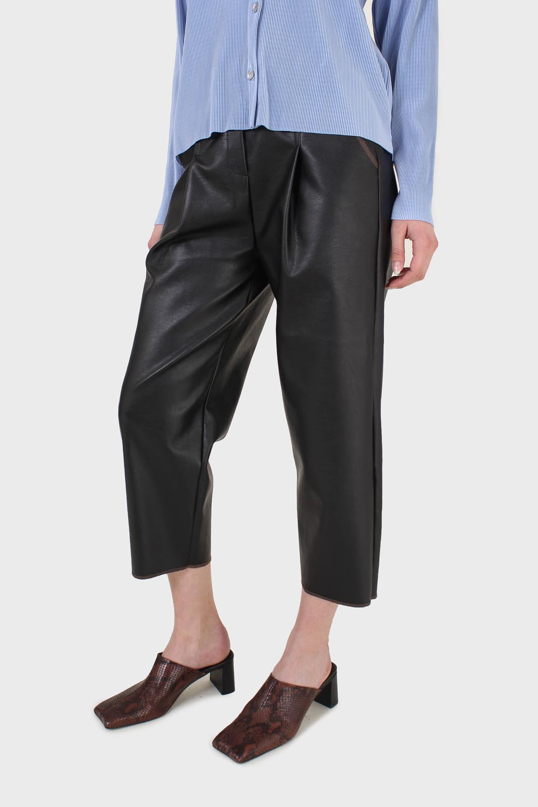 Black vegan leather contrast stitch trousers_1