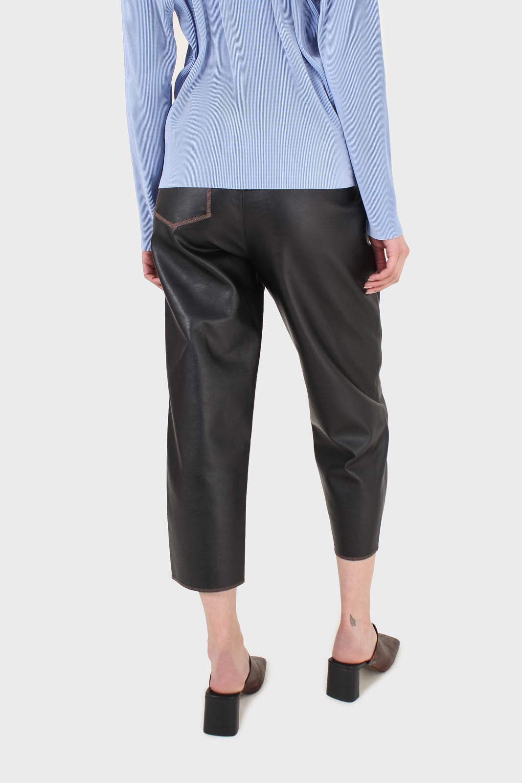 Black vegan leather contrast stitch trousers_7
